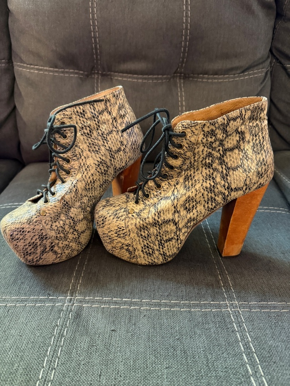 Jeffrey Campbell Lita EX Snake Skin Print Platform Block Heel Lace Up Booties - Picture 3 of 11